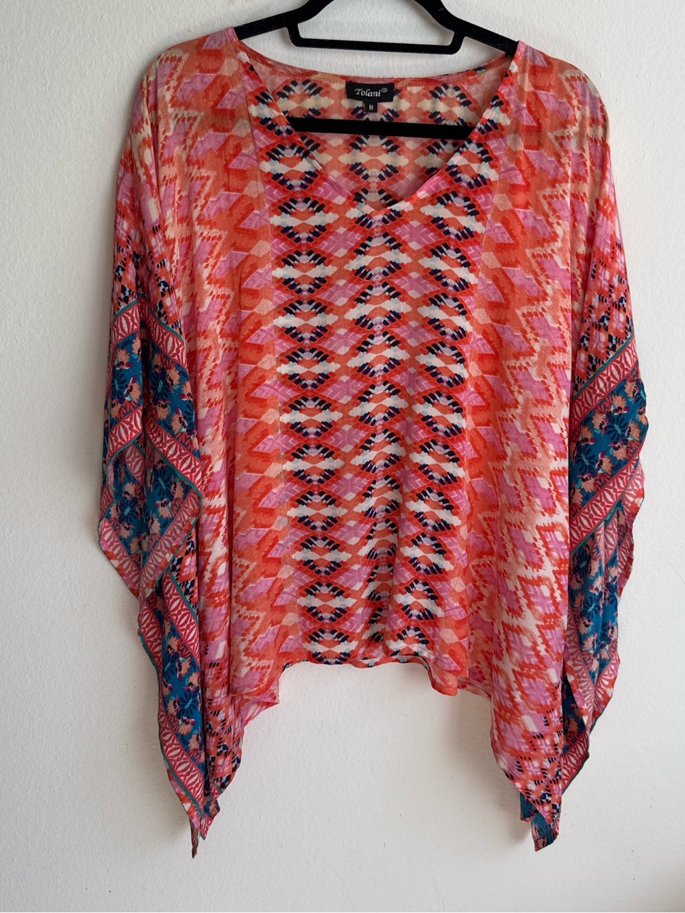 Tolani 100% Silk Boho Kaftan Blouse Pink Coral Print Size M